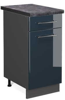 Vicco Küchenunterschrank Fame-Line, Dunkelblau Hochglanz, 40 cm | MDF-Front · AP Anthrazit inkl. · Höhenverstellbare Füße · Metallgriffe · Soft-Close