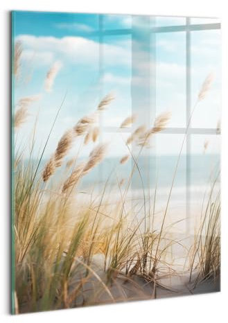 Wallfluent Dicke 4mm Wandbild Glasbild Gehärtetes Glas Mit Motiv 60x80cm Bild Wanddekoration Für die Küche Badezimmer und Schlafzimmer - Landschaft aus Grasstrand und Meer im Boho-Stil