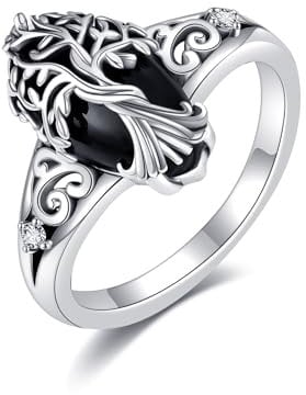 DAYLINLOVE Schwarzer Turmalin Ring 925 Sterling Silber Baum des Lebens Ringe Schwarzer Onyx Ringe Heilender Schmuck Spiritueller Schutz Geschenke für Frauen (9)