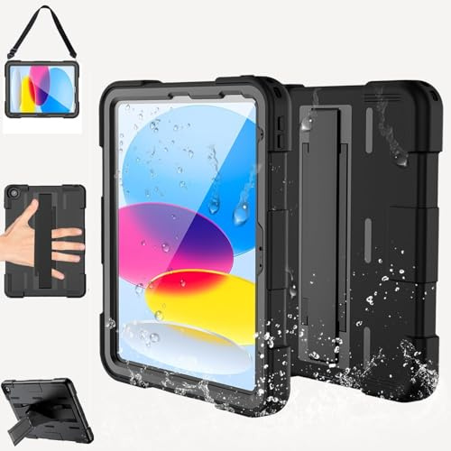for 2022 iPad 10th Generation 10.9-inch Case, IP68 Waterproof with Screen Protector, Hand Strap, Invisible Stand. Full Body Rugged Shockproof and Dustproof Case