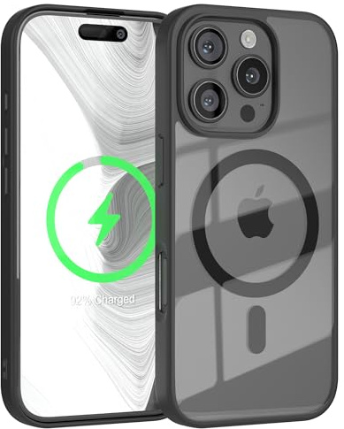 EAZY CASE Hülle für iPhone 16 Pro kompatibel mit Qi Charging Ultra Aufprallschutz Stoßfest und Kratzfest dünne Schutzhülle mit Kameraschutz Silikon Cover Clear Hybrid Handy Case Schwarz - Qi Charging