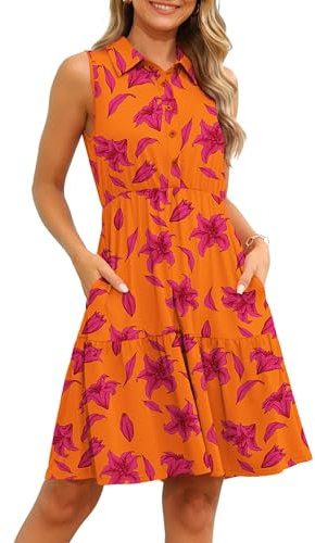TIANZHU Mini robe florale pour femme, robe d'été légère avec poches à ourlet à plusieurs niveaux, tailles S à 2XL, Lys orange, S