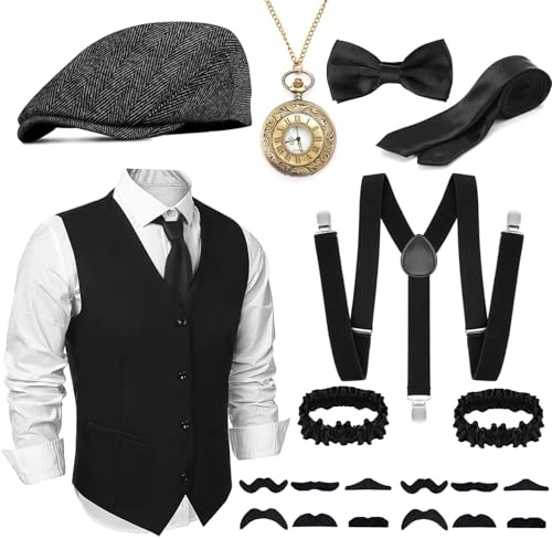 JRYBXS 20 Teiliges 20er Jahre Kostüm Herren,Mafia Karneval Kostüm Herren,20er Jahre Accessoires,Fasching Kostüme Männer,Hosenträger Herren Kostüm Set Rollenspiel-Requisiten Deko