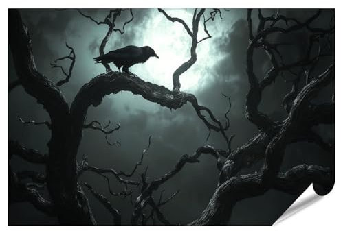 islandburner Prime XXL Bild Poster Rabe auf düsterem Ast bei Mondschein für Schlafzimmer Gothic-Fans Nagelstudio Premium Bilder Fotodruck