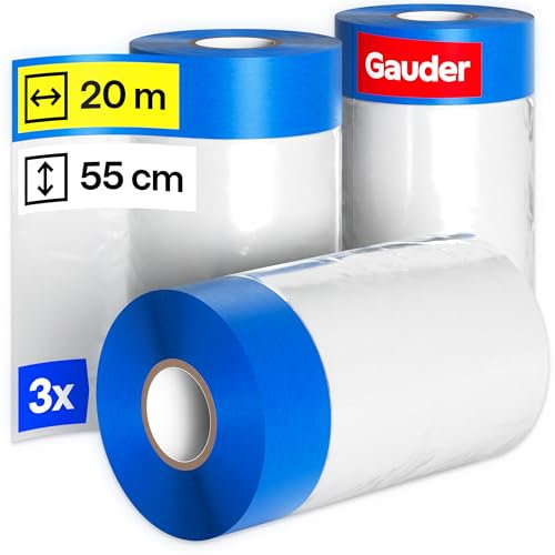 GAUDER Abdeckfolie mit Klebeband - Malerband mit Folie - 33 m² Malerfolie mit Klebeband - Malerband Abklebefolie perfekt für Fenster, Türen und Schalter (3 Rollen - 55 cm x 20 m)