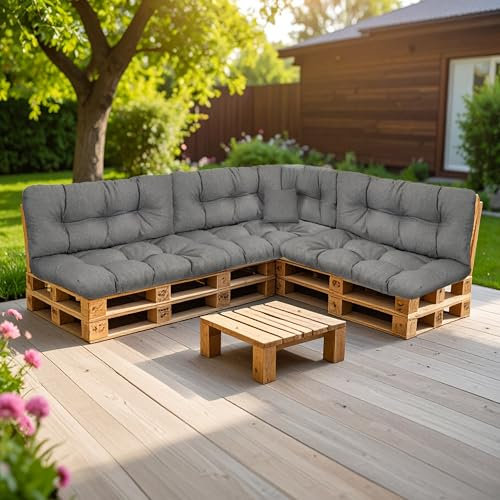 SLIPIO Palettenkissen, Kissen für Europaletten, FÜLLPRO+ Füllung, Palettenpolster (8-teiliges Set - 3X Rückenkissen 120x40cm + 3X Sitzkissen 120x80cm + 60x40 & 40x40 - Dunkelgrau Wasserfest)