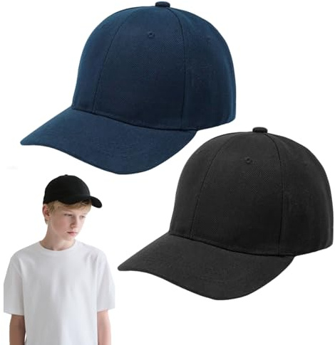 FUIPVGI 2 Stück Kinder-Baseballkappen, für Jungen und Mädchen, einfarbig, verstellbar, für Schule, UV-Schutz, Sommer-Sonnenhüte, schwarz, marineblau, für Sport, Freizeit