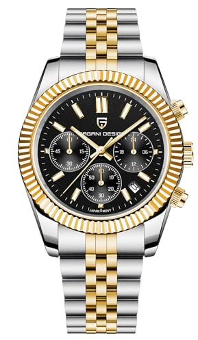 Pagani Design Chronograph Uhr für Männer, Luxus Business Dress Armbanduhr, Japan VD53 Uhrwerk, Datum, Gold. (Gold Schwarz)