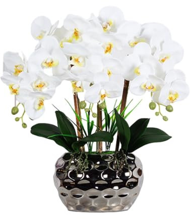 KIXZSAZ Grande orchidea artificiale bonsai con vaso Phalaenopsis Real Touch piante finte composizioni di orchidee per la decorazione del soggiorno, Bianco giallo chiaro