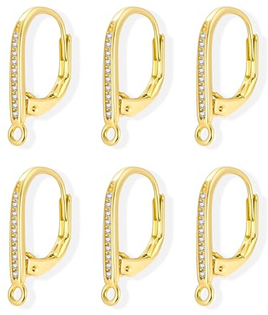6Pcs Gold French Ear Hooks Hoop with Zirconia Leverback Earrings Making | 14K Goldplated Hypoallergenic Ear Hooks French Zirconia Huggie Hoops for Dangle Leverback Earrings Supplies Replacement