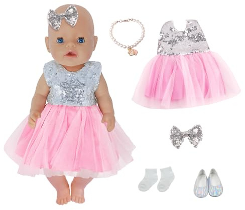 5 Stück Kleidung Outfits für 14-18 Zoll Baby Puppen, 30-43cm Baby Puppenkleidung Outfits 1 Rosa Paillettenrock 1 Haarband 1 Perlenkette 1 Kleiderbügel 1 Paar Schuhe Geburtstagsgeschenk für Mädchen