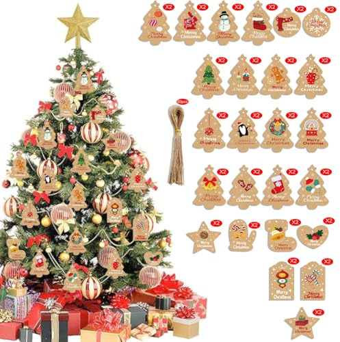 48Pcs Christmas Label Gift Tags, Kraft Xmas Present Hanging Label, 10 Pattern Styles with String for Xmas Paper Wrapping Decorations, DIY Homemade Arts Craft