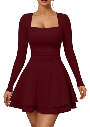 XXTAXN Women’s Sexy Long Sleeve Square Neck Flowy Hem Ruched High Waist Party Mini Dress with Side Pocket WineRed