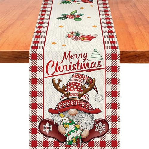 Gleemix Tischläufer Weihnachten Zwerg, Weihnachtsdeko Innen Tischläufer, Tischdeko Weihnachten, Weinachtsdekorationen Tisch, 33x183cm Rot-Weiß