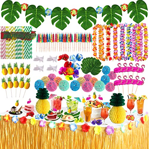 JUQG 107 Pcs Hawaïenne Luau Table Jupe Set de Décoration, Kit de Décoration de Fête Hawaïenne, Décorations de Fête, Couronne, Fleurs, Parfait pour L'été à la Plage et les Soirées à Thème Hawaïennes