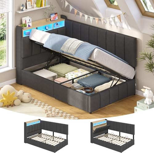 Polsterbett mit LED Beleuchtung, Jugendbett 90 x 190 cm, boxspringbett mit Ladestation, Kopfteil mit verstecktem Stauraum, Bettgestell mit großer Bettkasten, für Schlafzimmer, Gästezimmer, Grau