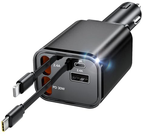 Retractable Car Charger,4 in 1 USB C Car Phone Charger Cigarette Lighter | Car Accessories 12V Car Socket Adapter USB Car Charger with 2 Retractable Cable USB-C & USB-A for iPhone 17/16/Galaxy/Pixel