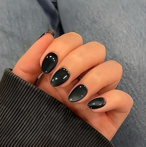 Sparkling Gray Black Press on Nails Short Almond Fake Nails Glitter Gray False Nails with Black Glittering Design Stick on Nails for Women Girls Simple Manicure Decoration 24 Pcs