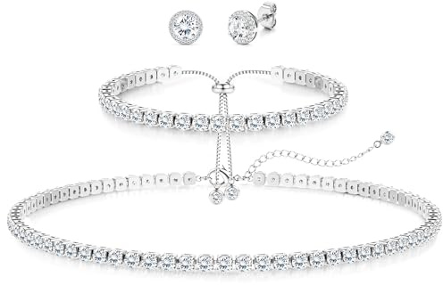 Diamday Schmuck Set für Damen Tennis Halskette Armband Ohrringe Set | Schmuckset Silber 925 Damen Ohrnadel Ohrringe Verstellbare Kette Zirkonia Armbänder für Hochzeit Brautjungfern Abschlussball