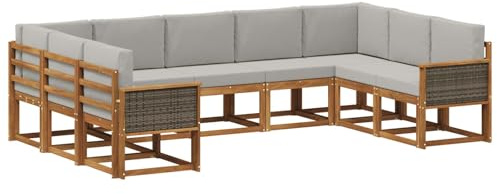 vidaXL Outdoor-Sofagarnitur mit Kissen 9 pcs Natürlich und Hellgrau, Moderne Garten Sofagarnitur, wetterfest, gemütliche Lounge, Akazie Holz Möbel, stylische Patio Sitzgruppe