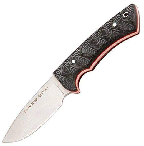 Muela Cuchillo Rhino 10SV.M/K hoja de 10 cm y empuñadura de micarta negra con kydex negro para Caza, Pesca, Supervivencia y Bushcraft Realizado en Ciudad Real + Portabotellas de regalo