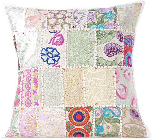 Eyes of India - Voller Farben Patchwork Dekokissen Sofa Kissen Fall Fall Fall Sofa Indien Bohemian Akzent Boho Chic Handarbeit – Weiß, 50 x 50 cm