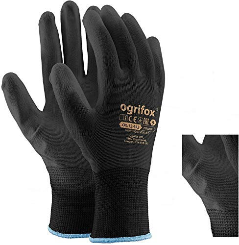 LTD Arbeitshandschuhe, PU-beschichtetes Nylon, Schwarz, 24 Paar Ideal für Gartenarbeit, Bauarbeiter, Mechaniker, runder Ajs Ltd® Sticker., schwarz, .