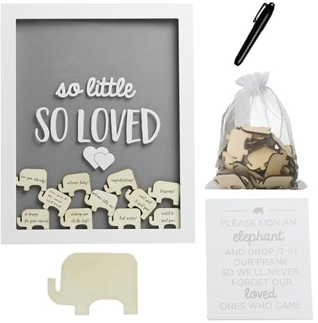 Pearhead So Little So Loved Wooden Elephant Token Frame, Little Wishes Signature Baby Shower Guestbook Alternative, Gender-Neutral Pregnancy Keepsake With 65 Signature Tokens and Pen, Gray and White