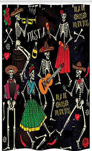 ABAKUHAUS Squelette Rideau de Douche Stalle, Dia de Los Muertos Fiesta, Ensemble de Salle de Bain en Tissu en Crochets, 120 x 180 cm, Rouge Noir