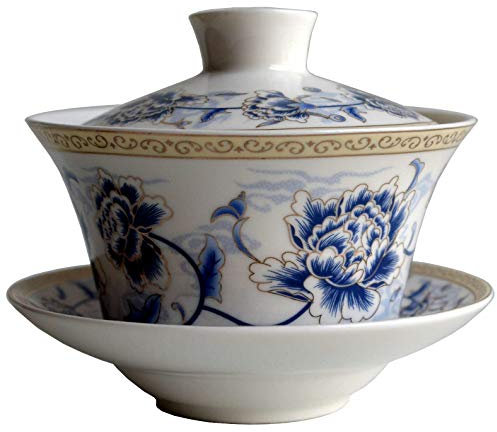 Chinesische Porzellan-Teetassen, 7 Unzen, Gaiwan-Teetasse, Pony-Blumen-Terrine, Tradition, Sancai-Abdeckung, Schüssel, Lippentasse, Untertasse, blaue Seide, blaue Pfingstrose)