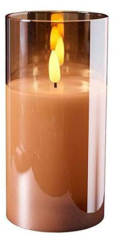 Hochwertige & Edle LED Kerze im Glas - Timer - Realistisch Flackernd - Neuartiges Design (Amber, Höhe: 15cm - Ø 7,5cm)