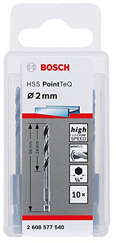 Bosch Professional 10x Foret Hexagonal HSS PointTeQ (pour métaux, Ø : 2,0 mm, longueur totale : 60 mm, emmanchement hexagonal de ¼, accessoires pour visseuse à percussion et perceuse-visseuse)