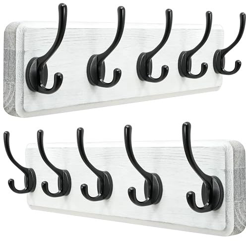 Dseap Garderobenleiste für Wandmontage mit fünf haken – Stabile, hölzerne Wandgarderobenleiste, Hakenleiste für Kleidung Hut Jacke Mantel, Weiß und Schwarz, 2pcs