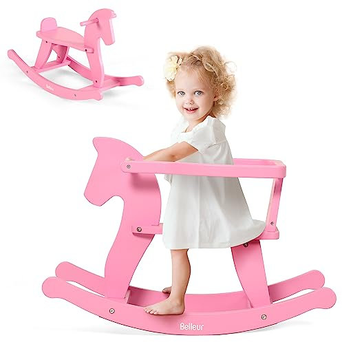 Belleur Schaukelpferd ab 1 Jahr, Schaukeltier Massivholz für Babys und Kleinkinder, Schaukelstuhl Holz Pferd, Pferd Zum Reiten für Kinder, Schaukeltier für Kinder - Rosa
