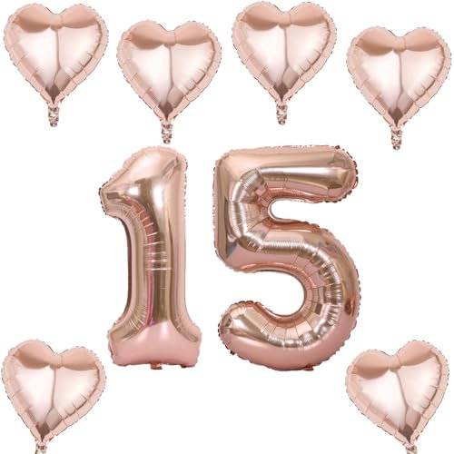 Roségold Zahlen Luftballon 15 +6 pcs herz Heliumballon 15. Geburtstag Deko für Mädchen,40 Roségold Riesen Folienballon 15 für 15 Jahre Geburtstag deko, Helium Zahlenballon 15