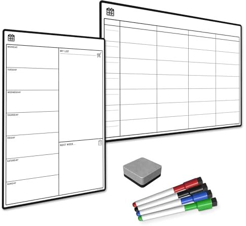 The Magnet Shop A3 Magnetic Whiteboard Planner Pack #3 - Custom Dry Erase Set of 2 - Weekly Planner, Fridge Calendar, Kitchen Menu Board, 4 Dry Wipe Pens, Eraser (Black & White, Bundle 3)