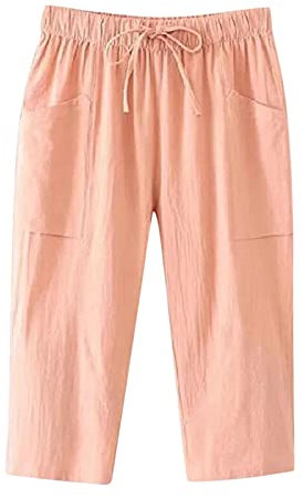 Haiorziyou Damen Hosen Casual 3/4 Hose Einfarbig Baggy Jogginghose Sommerhose Elastischen Kordelzug Leinenhose mit Taschen Frauen Freizeithosen Yoga Hosen
