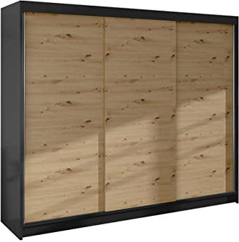 Mirjan24 Kleiderschrank Dotan II mit Kleiderstange und Fächer, Schlafzimmerschrank, Schwebetürenschrank, Flurschrank, Garderobenschrank, Dielenschrank (Schwarz/Artisan)
