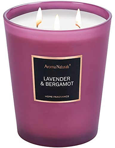 Aroma Naturals Duftkerzen Große Glaskerze Natürliche Soja-Aromatherapie Kerzen bis zu 130 Stunden mit 3 Dochten, Heimdekoration Duftkerzen (Lavendel & Bergamotte)