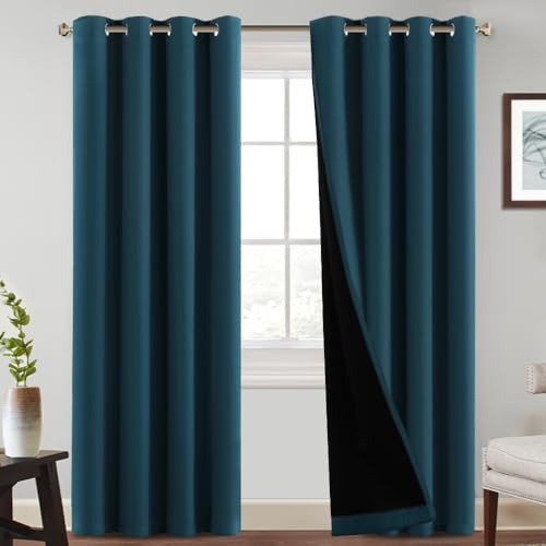 PrinceDeco 100% Blackout Curtains 96 inches Long Completely Blackout Window Treatment Thermal Insulated Lined Drapes for Bedroom Blackout Draperies with Black Liner(Deep Teal, Set of 2, 52 by 96-inch)