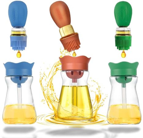 BENTFINE 3 Pcs 200ML Pinceau Distributeur d'Huile, 2 en 1 Distributeur d'Huile avec Pinceau en Silicone, Bouteille Distributrice d'Huile pour Cuisine/BBQ/Salade, Distributeur d'Huile d'Olive en Verre