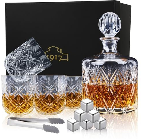 Crystal Whiskey Decanter Set for Men, Premium 37 Oz Decanter with 4 Whiskey Glasses, Whiskey Stones, Tongs - Classic Liquor Decanter for Scotch, Bourbon, Vodka, and More - Perfect for Home Bar