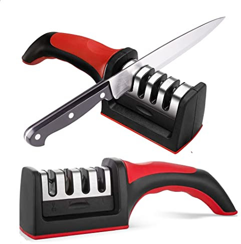 Knife Sharpeners for Kitchen Knives– Stainless Steel 4 in1 Kitchen Knife Sharpener – Ergonomic and Easy to Use Knife Sharpening Kit with 4 Stage Sharpening Slots Black