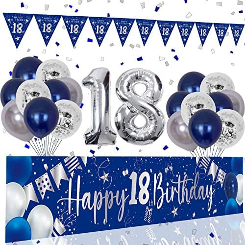Youerls Dekorationen zum 18. Geburtstag für Jungen und Mädchen, marineblau, extra lang, BannerAlles Gute zum 18. Geburtsteg 17,798,4 Zoll, Banner mit Luftballons zum 18. Geburistag, Dreiecksflaggen