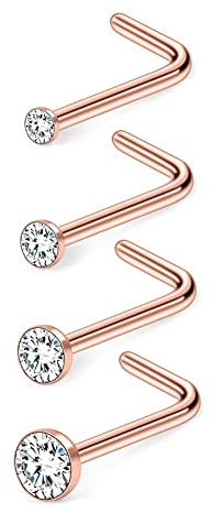 6ixGosh 4-6pcs 20g Nose Rings Studs Surgical Steel Nose Rings CZ L Shaped Corkscrew Nose Ring Studs for Women Men Small Cute Silver Rose Gold Black Nose Rings Stud Nostril Piercing jewelry