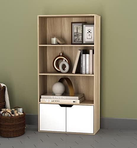 URBNLIVING 4 Tier Wide Wooden Bookcase Cupboard with 2 Doors Storage Shelving Display Shelf Cabinet Unit (Oak with White Doors)