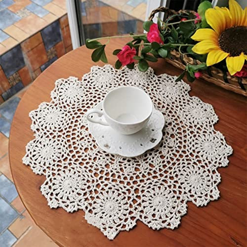 2 Stück Runde Häkelspitze Tischsets,Baumwolle Untersetzer 35-40 cm handgefertigt, gehäkelt, Baumwolle, Spitze, Tischsets, Vasenpads, Geeignet für Küche, Esszimmer, Dreamcatcher Dekoration (Beige)