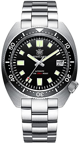 STEELDIVE SD1977 Slim Abalone Herren-Sport-Armbanduhr, Saphirglas, NH35, mechanische 200 m, wasserdichte Taucheruhr, schwarz