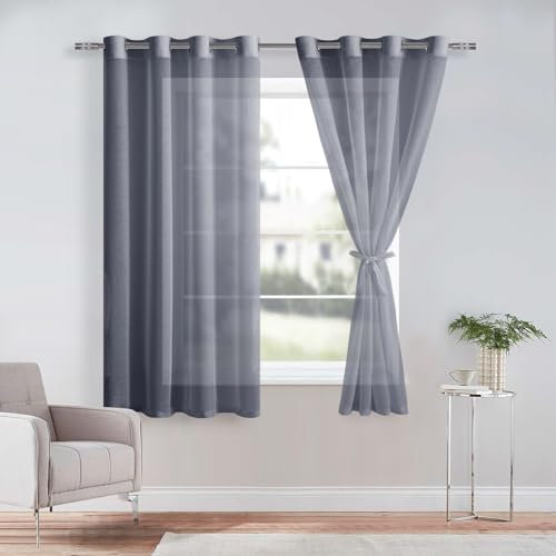 DWCN Dark Grey Sheer Curtains with Tiebacks Semi Transparent Voile Grommet Curtains Elegant Window Curtains for Bedroom and Living Room,2 Panels,W52 x L63