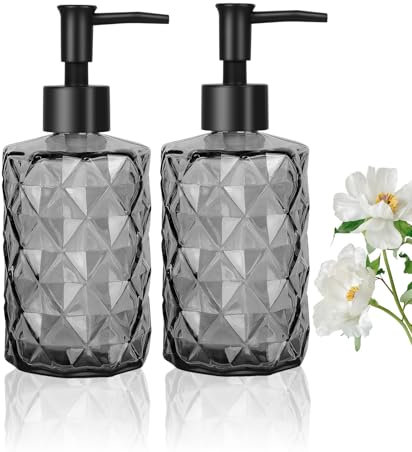 2 Glas Seifenspender Schwarz, 11oz Flüssigseifenspender mit Kunststoff Pumpkopf, Nachfüllbarer Handseifenspender für Küche Badezimmer, Spülmittelspender, Shampoo Duschgel Spender